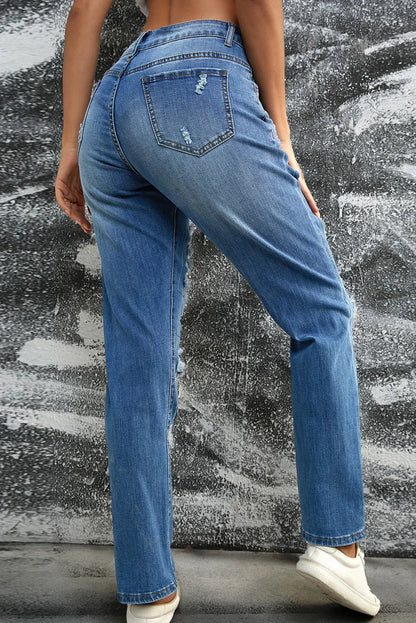 Sky Blue Sequin Pumpkin Patched Distressed Straight Leg Jeans - Chic Meadow Boutique 