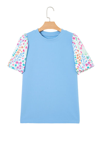 Light Blue Round Neck Textured Contrast Floral Bubble Sleeve Blouse