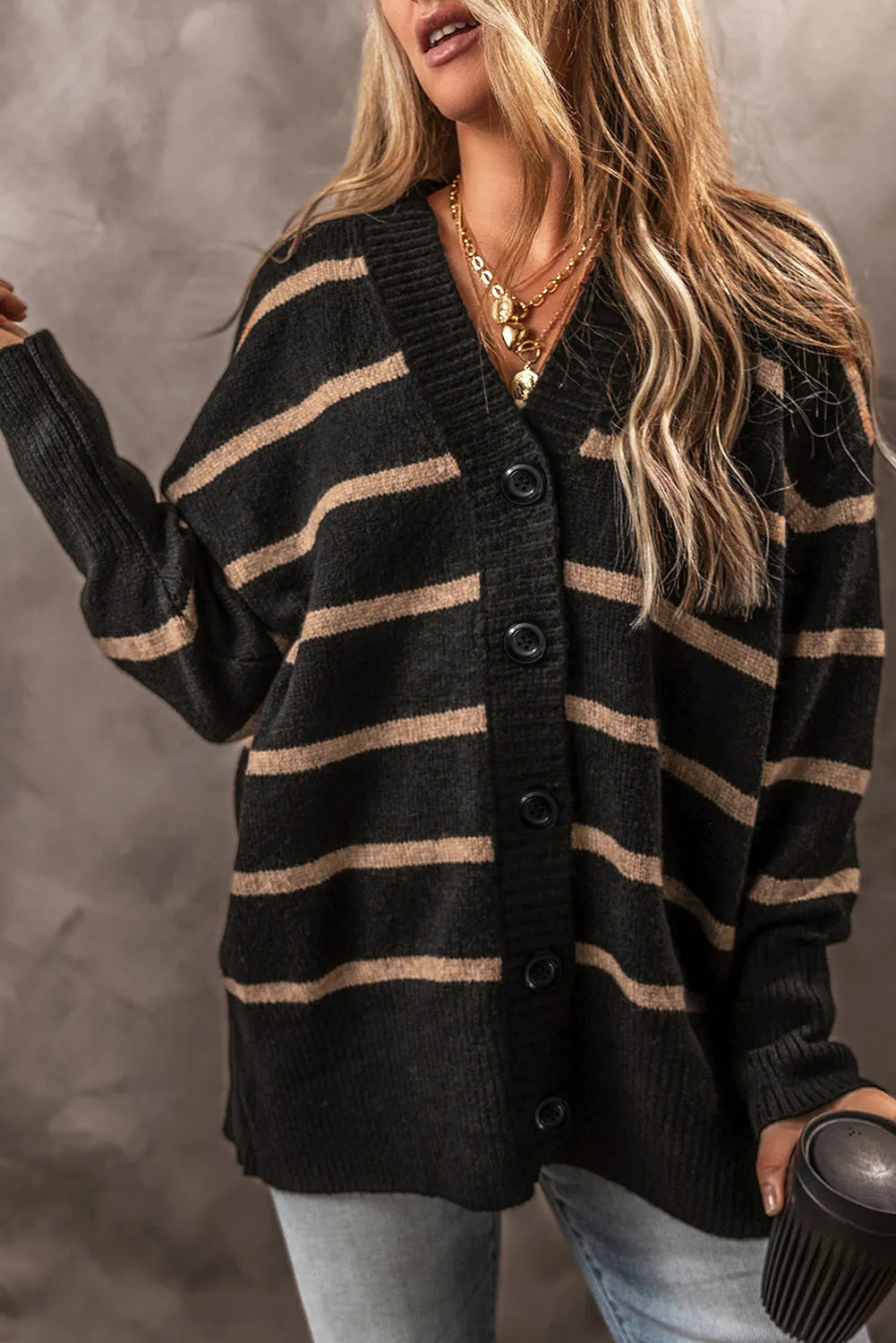 Black Stripe Buttoned V Neck Drop Shoulder Loose Cardigan - Chic Meadow Boutique 