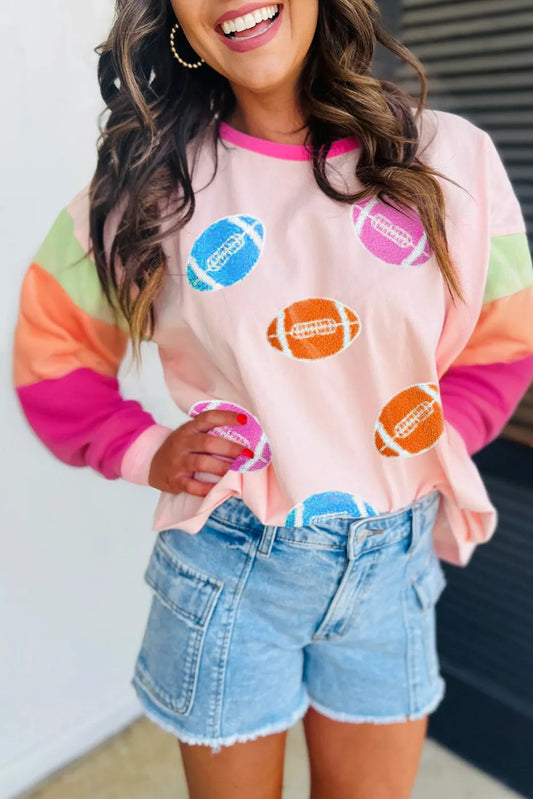 Pink GAME DAY Rugby Football Graphic Color Block Sleeve Top - Chic Meadow Boutique 