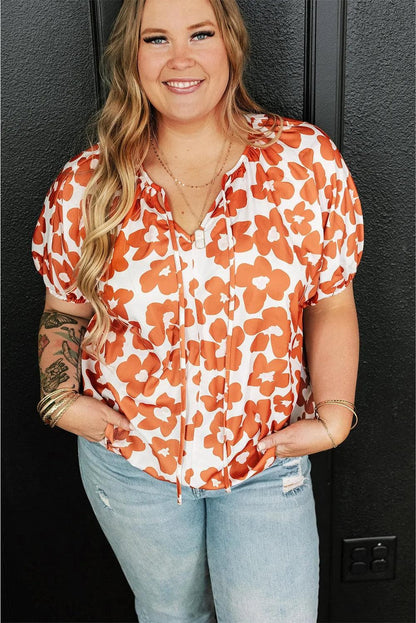 Plus Size/Plus Size Tops/Plus Size Blouses & Shirts Orange / 1X / 100%Polyester Orange Plus Size Floral Print Drawstring V Neck Short Sleeve Blouse