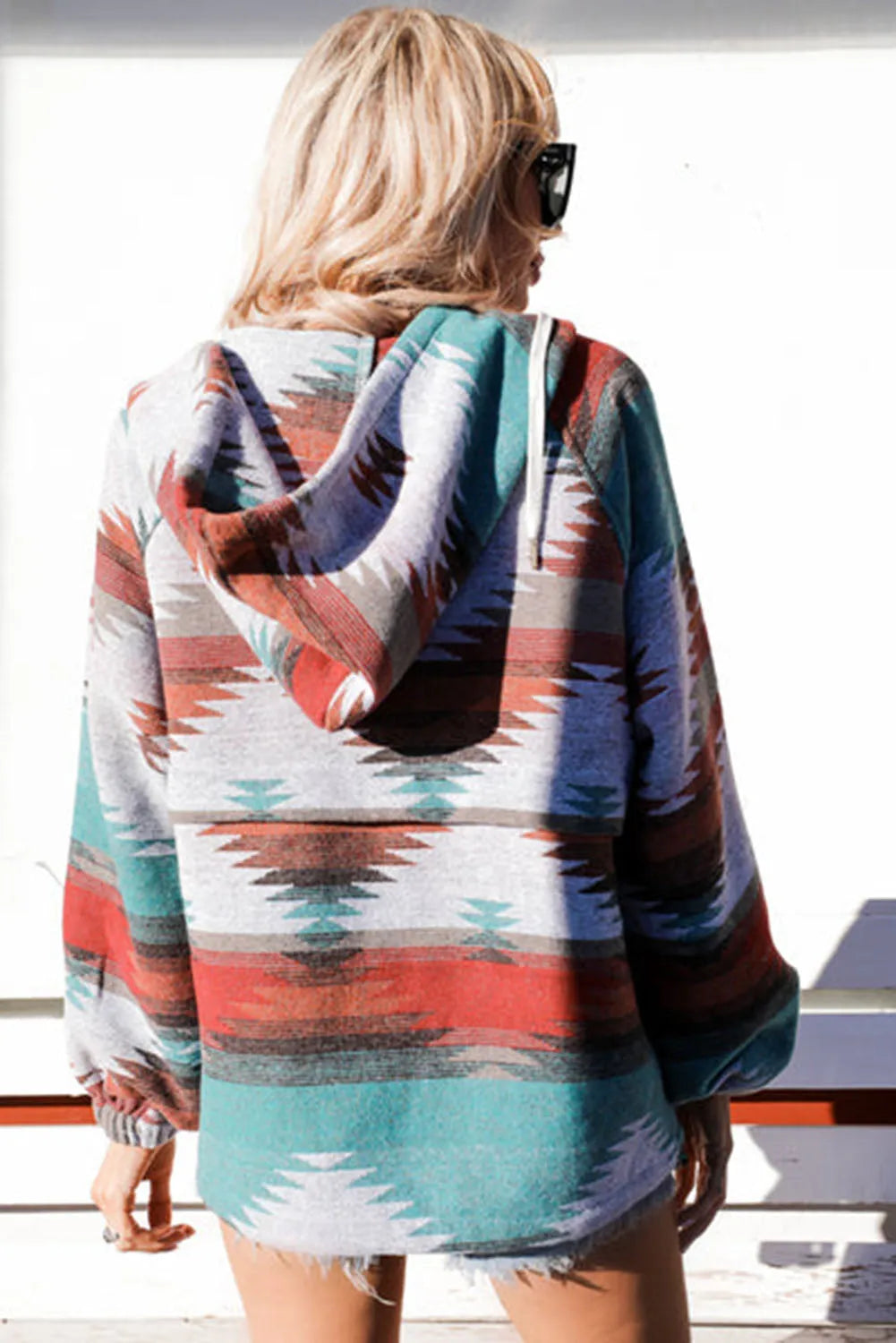 Multicolor Aztec Print Zipped Split Neck Hoodie - Chic Meadow Boutique 