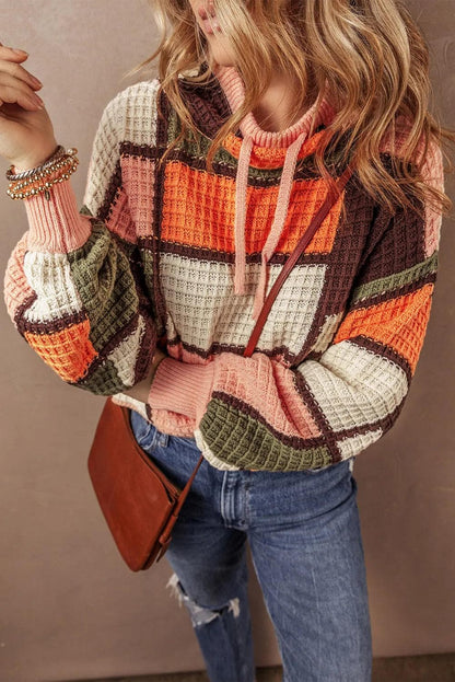 Sweaters & Cardigans/Sweaters Orange Color Block Waffle Knit Drawstring Mock Neck Sweater