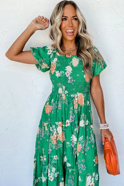 Green Floral Print Bubble Sleeve Smocked Tiered Midi Dress - Chic Meadow Boutique 