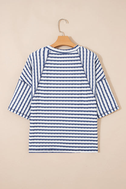 Blue Stripe Textured Knit Split Hem Half Sleeve Loose Top