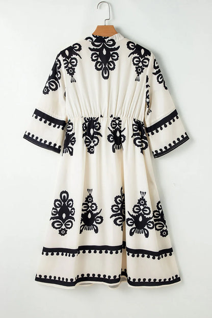 Beige Western Geometric Print 3/4 Sleeve Loose Midi Dress - Chic Meadow Boutique 