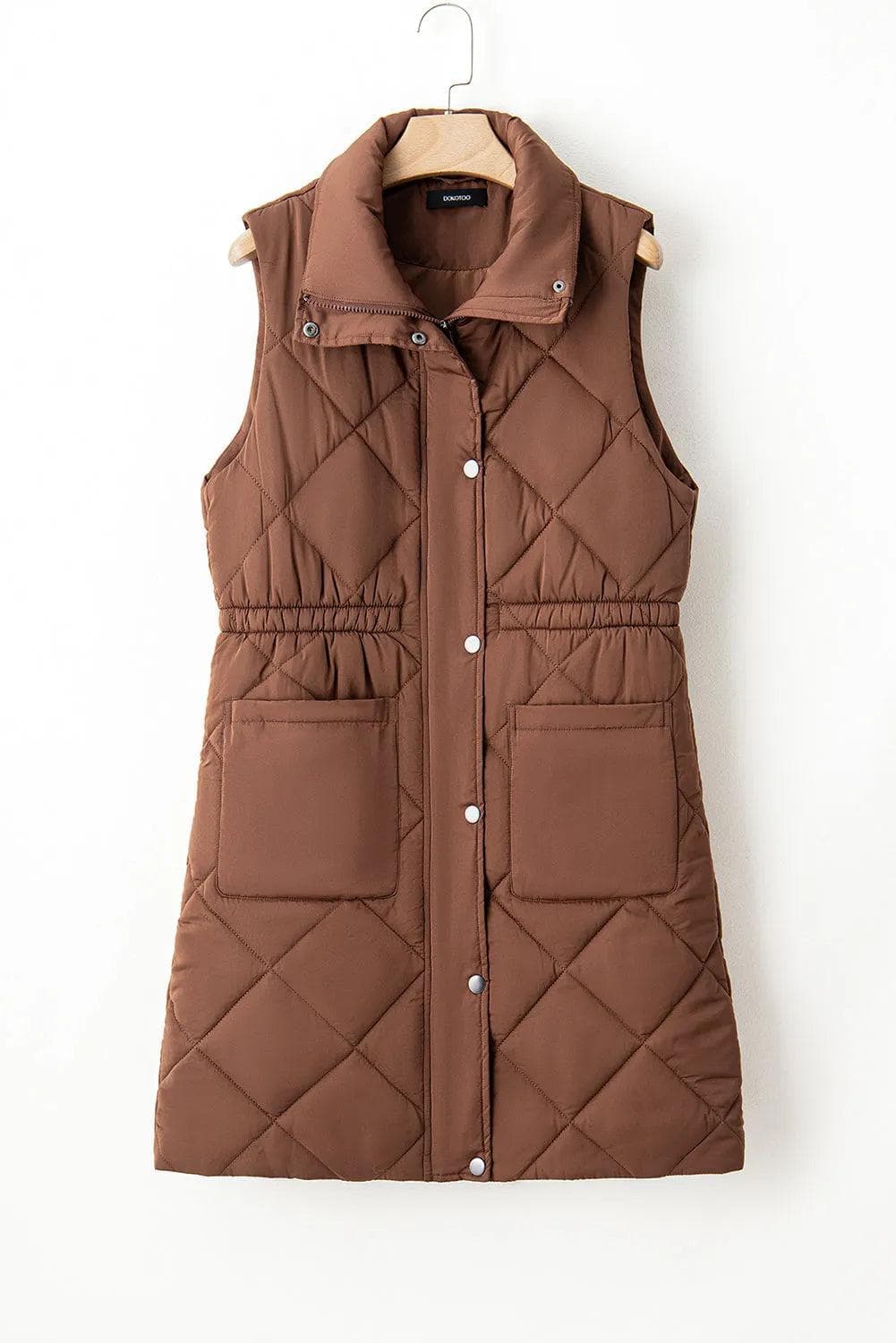 Outerwear/Vests Coffee Longline Quilted Stand Collar Puffer Vest