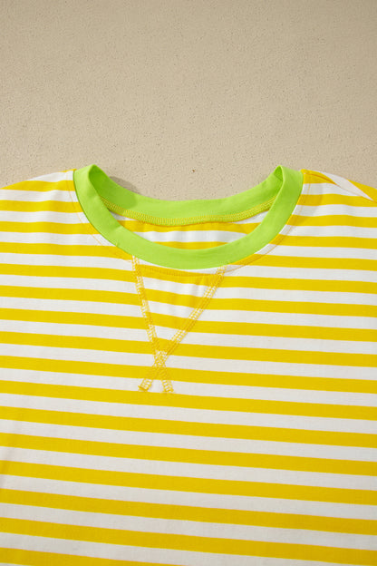 Yellow Stripe Contrast Neck Loose Tee and Drawstring Shorts Set