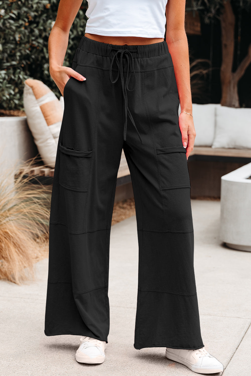 Black Mineral Wash Exposed Seam Drawstring High Waist Wide Leg Cargo Pants