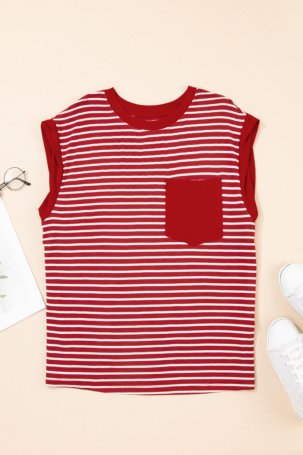 Red Stripe Chest Pocket Patch Round Neck Tank Top