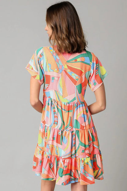 Multicolor Abstract Geometric Print Tassel Tie Flared Dress - Chic Meadow Boutique 