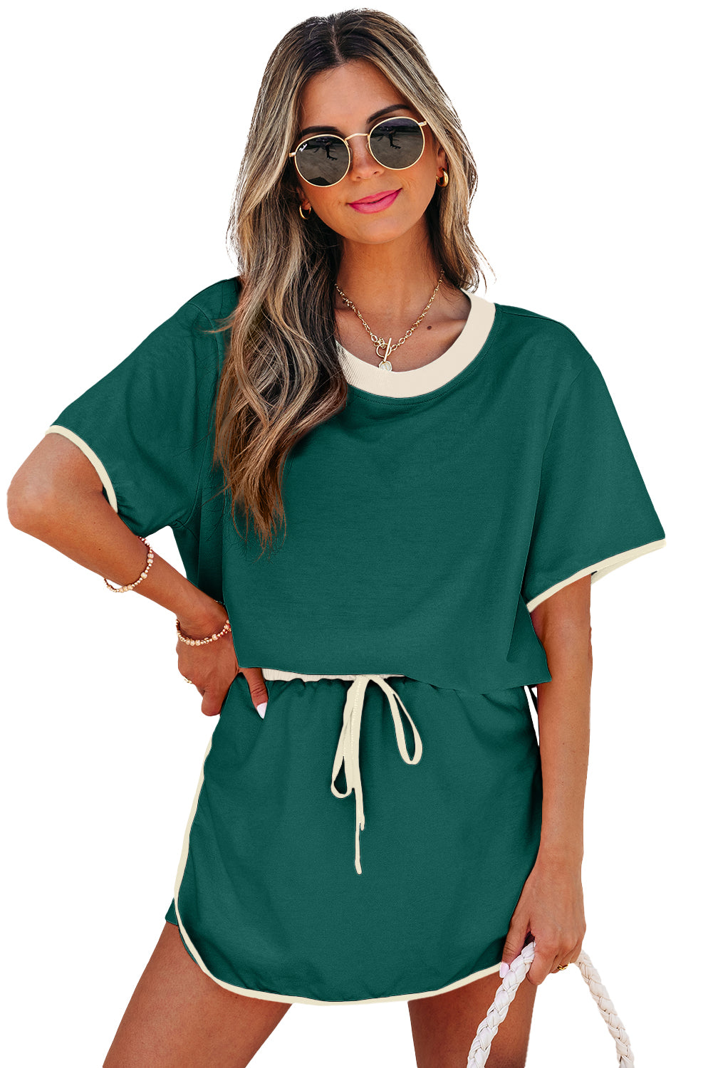 Evergreen Colorblock Edge Drop Shoulder T Shirt and Skirt 2Pcs Set