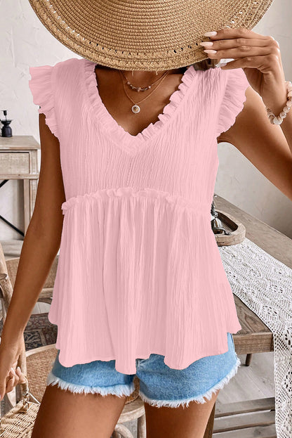 Light Pink Textured Ruffled Trim V Neck Flutter Flowy Top