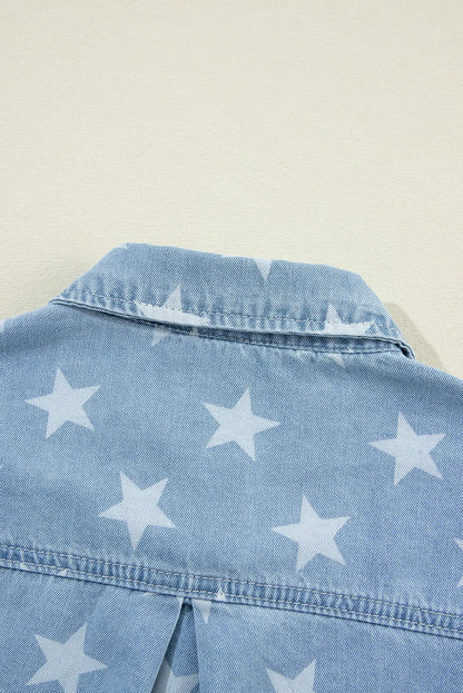 Sky Blue Star Print Light Wash Raw Hem Denim Jacket - Chic Meadow Boutique 