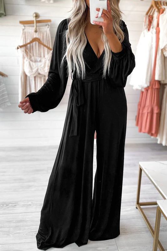 Black Cutout Back Belted V Neck Wide Leg Jumpsuit - Chic Meadow Boutique 