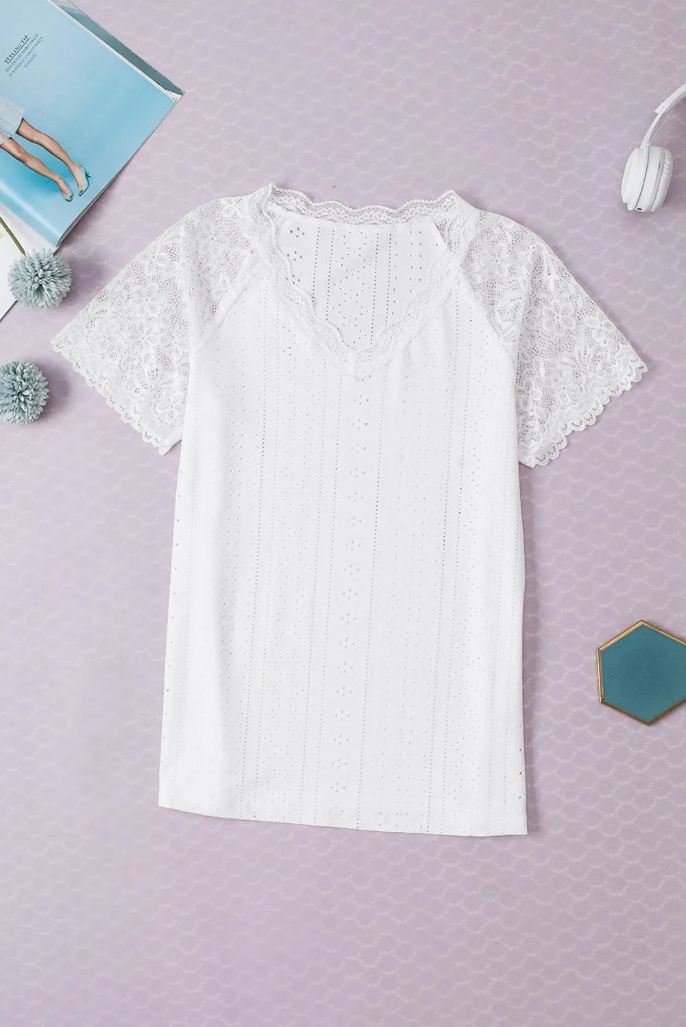 White Sheer Lace Short Sleeves Eyelet Embroidered Tee - Chic Meadow Boutique 