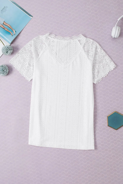 Tops/Tops & Tees White Sheer Lace Short Sleeves Eyelet Embroidered Tee