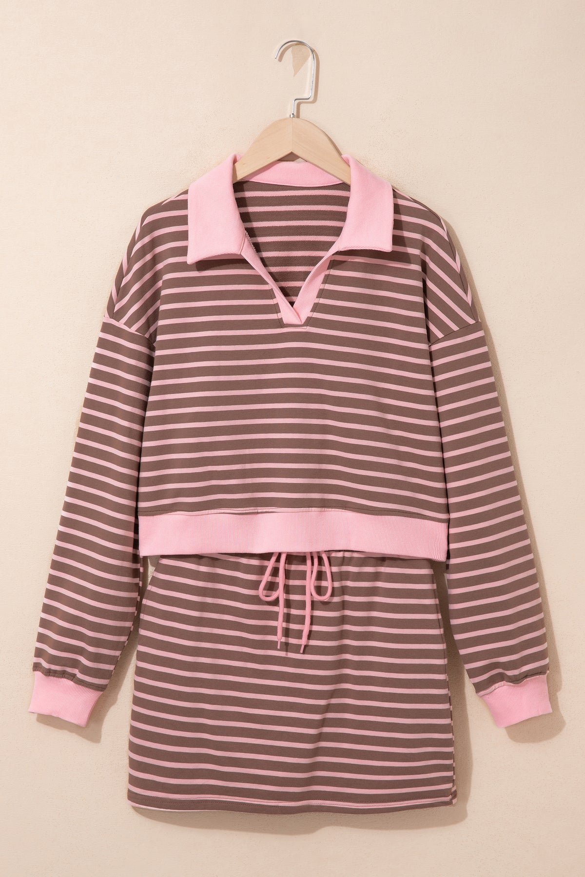 Brown Stripe Striped Drawstring Waist Long Sleeve Top Mini Skort Set