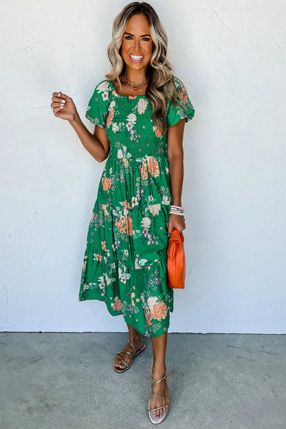 Green Floral Print Bubble Sleeve Smocked Tiered Midi Dress - Chic Meadow Boutique 