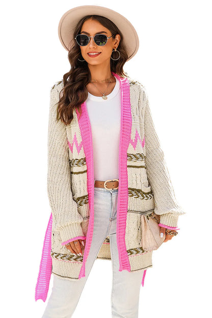 Gray Geometric Cable Knit Pocketed Open Front Cardigan - Chic Meadow Boutique 