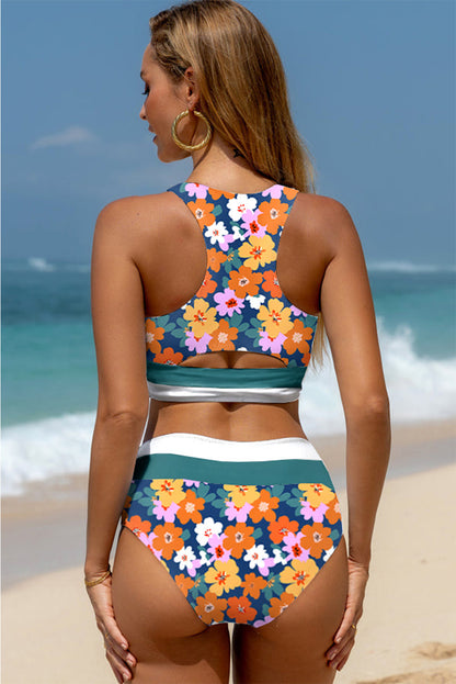 Green Floral Print Racerback Cutout High Waist 2pcs Bikini