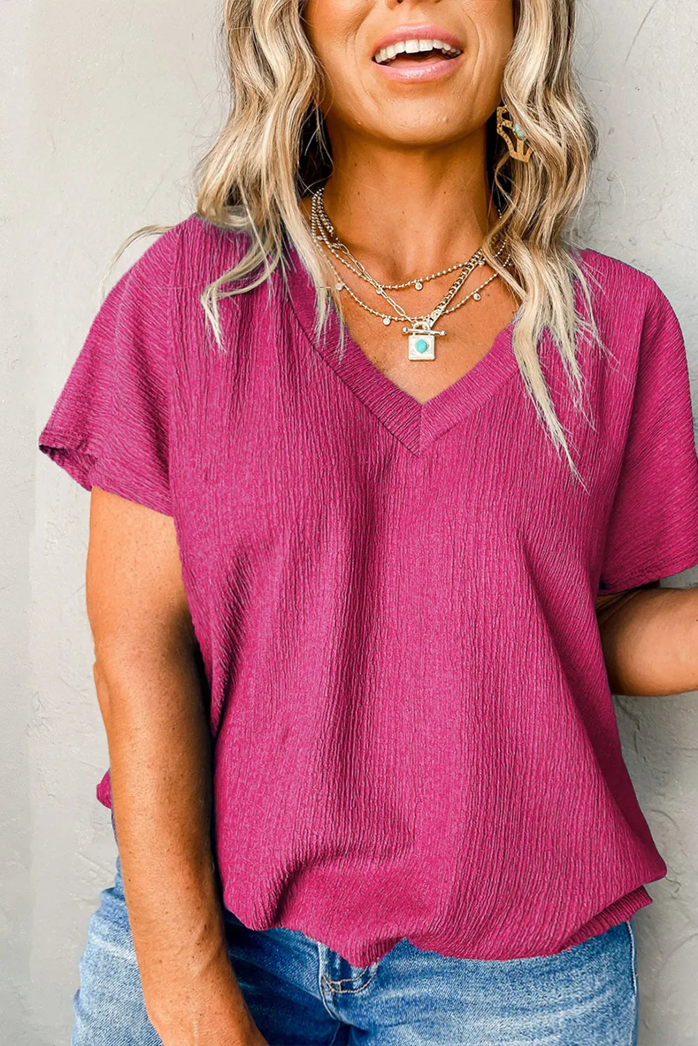 Bright Pink Textured V Neck Bubble Hem Plus Top - Chic Meadow Boutique 