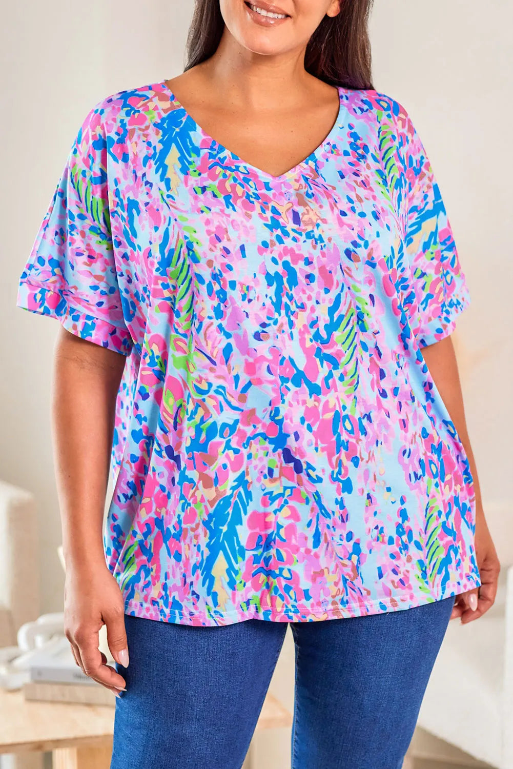 Sky Blue Plus Size Plant Print V Neck T-shirt - Chic Meadow Boutique 