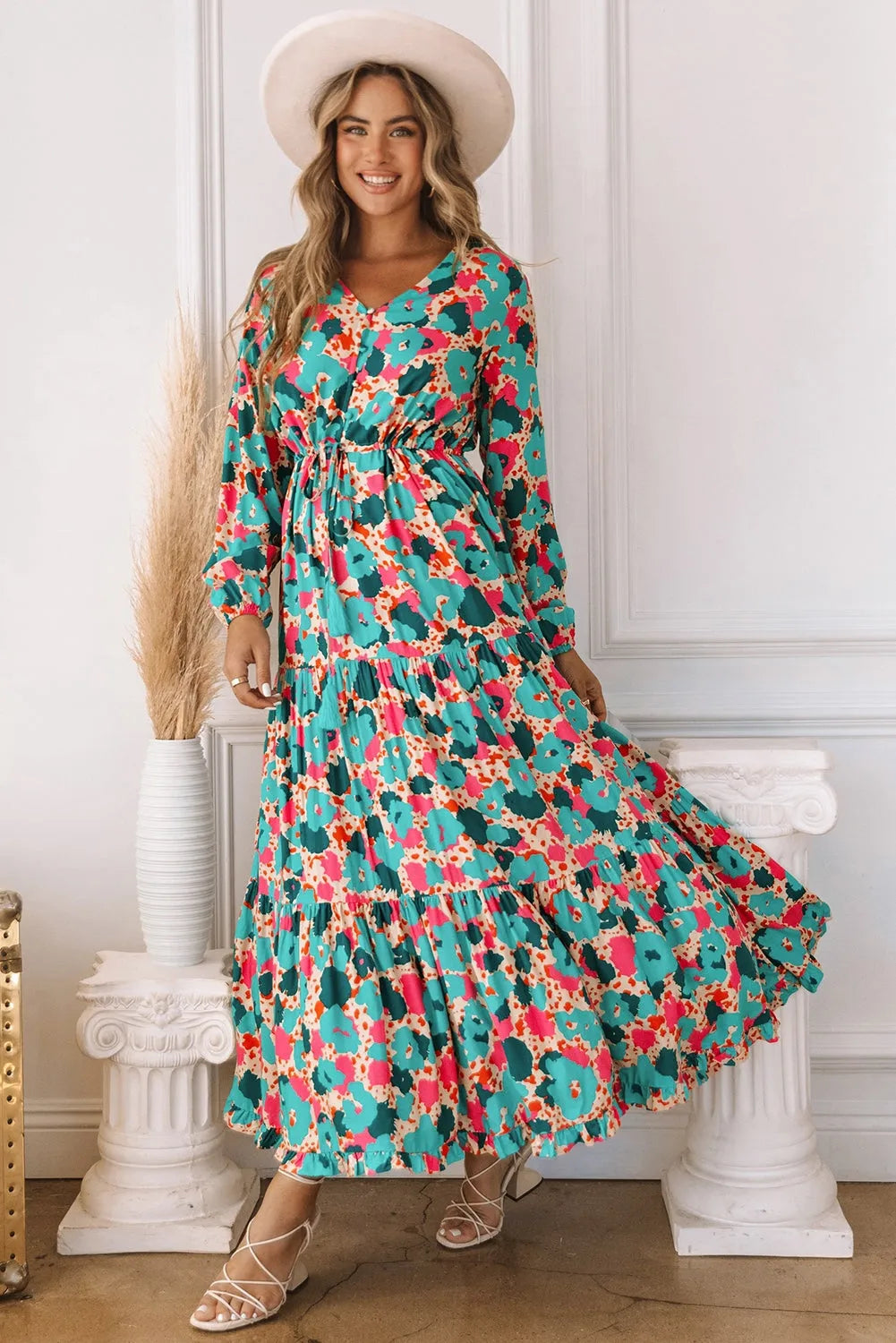 Multicolor Bohemia Print V Neck Ruffle Long Sleeve Maxi Dress - Chic Meadow Boutique 