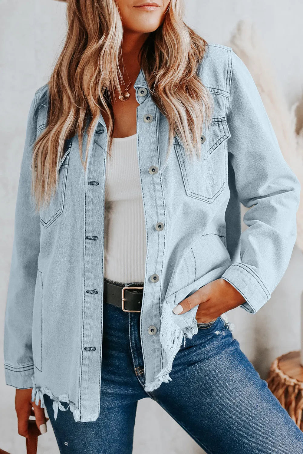 Sky Blue Flap Pocket Buttoned Raw Hem Denim Jacket - Chic Meadow Boutique 