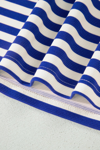 Dark Blue Textured Stripe Print Contrast Trim Zip Collar Sleeveless 2pcs Skort Set