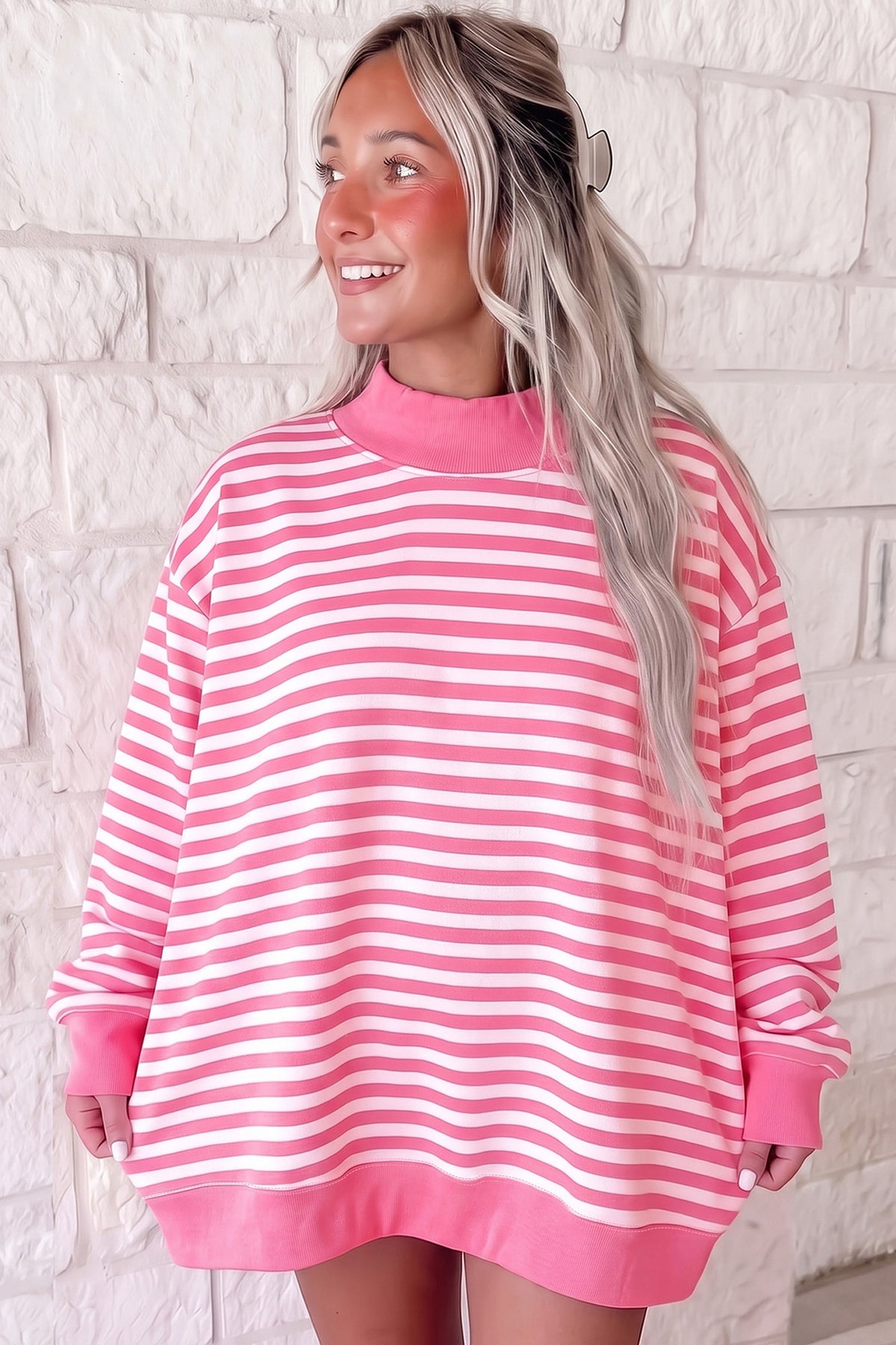 Pink Stripe Cozy Mock Neck Oversized Tunic Sweatshirt