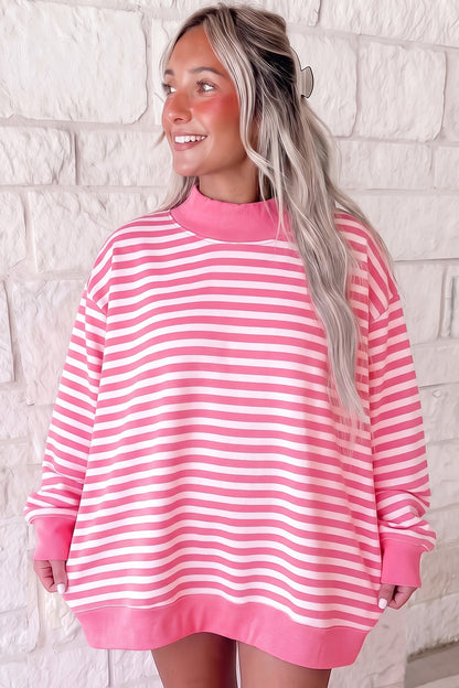 Pink Stripe Cozy Mock Neck Oversized Tunic Sweatshirt