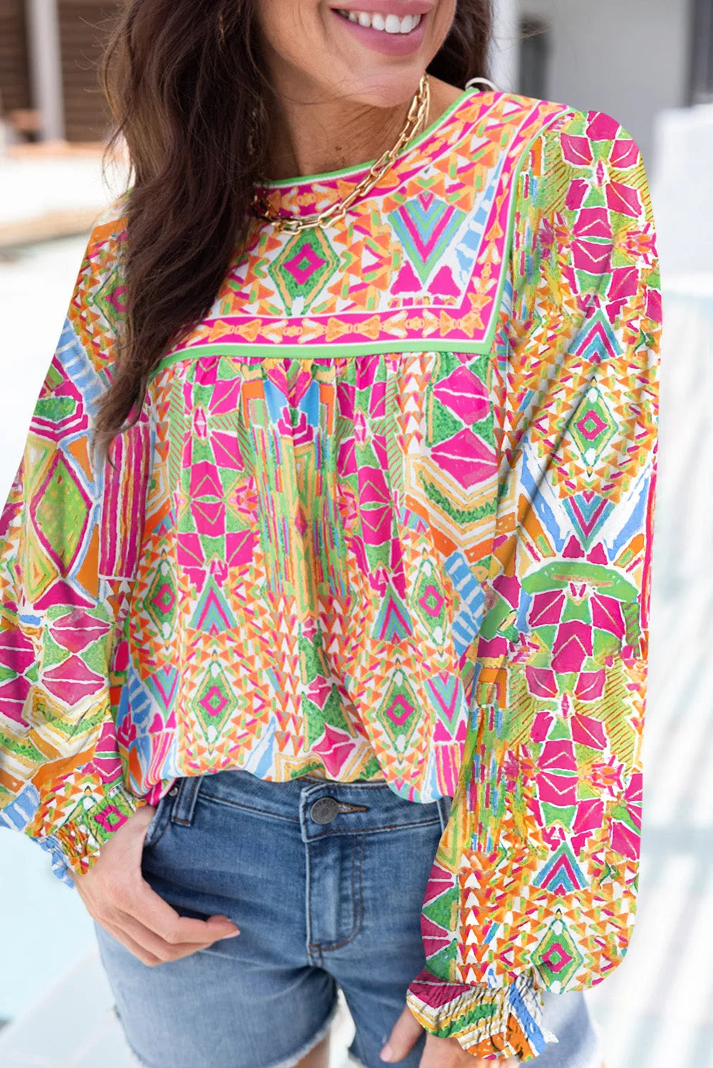 Orange Geometric Print Long Sleeve Keyhole Back Blouse - Chic Meadow Boutique 