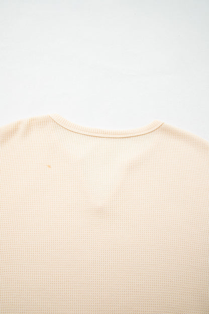 Beige Waffle Textured V Neck Plaid Colorblock Drop Shoulder Long Sleeve Top