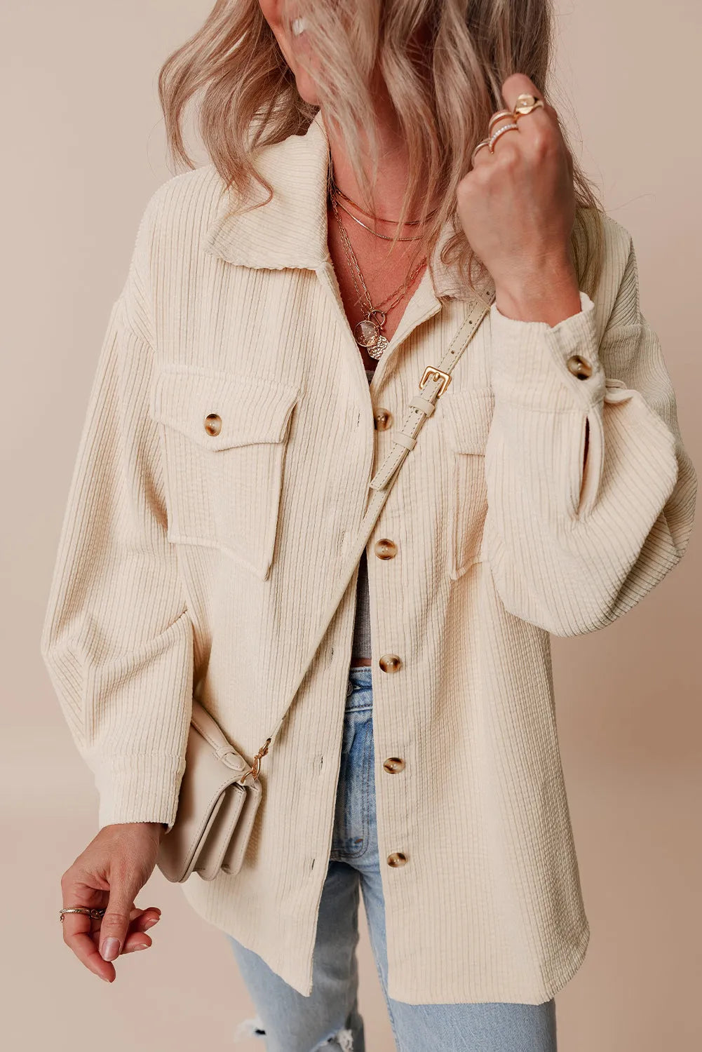 Oatmeal Corduroy Flap Pocket Button Up Shacket - Chic Meadow Boutique 