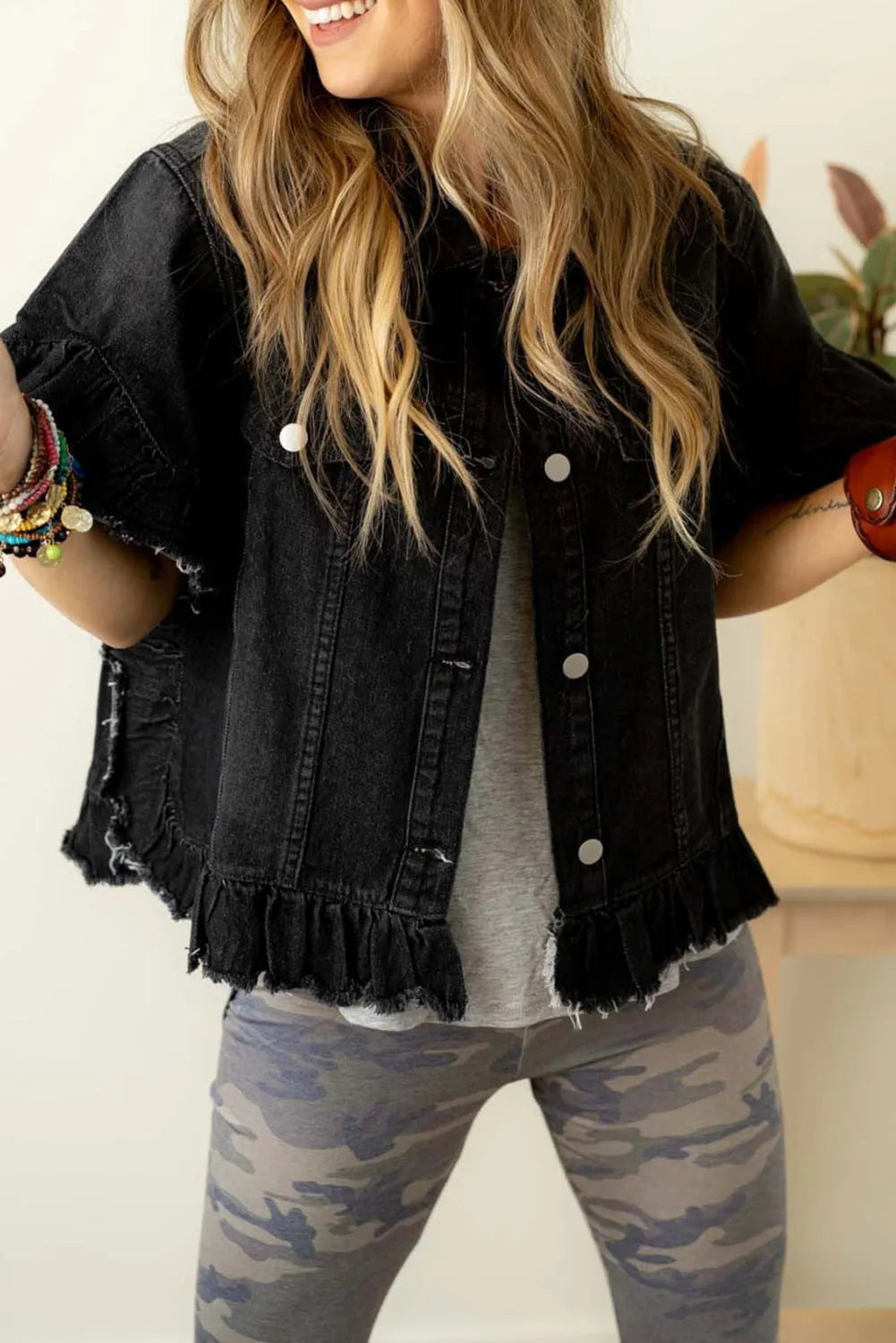 Black Raw Edge Ruffled Short Sleeve Denim Jacket - Chic Meadow Boutique 