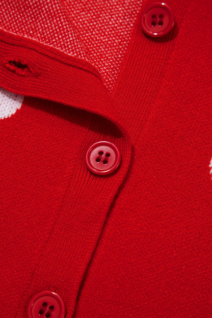 Fiery Red Casual Polka Dot Button Front Long Sleeve Sweater Cardigan