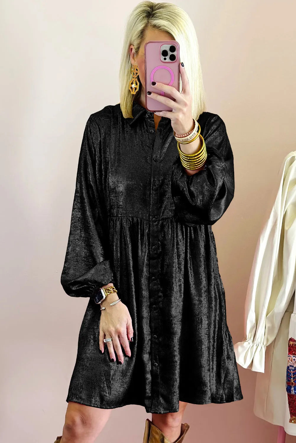 Black Metallic Sheen Puff Sleeve Button Up Mini Shirt Dress - Chic Meadow Boutique 