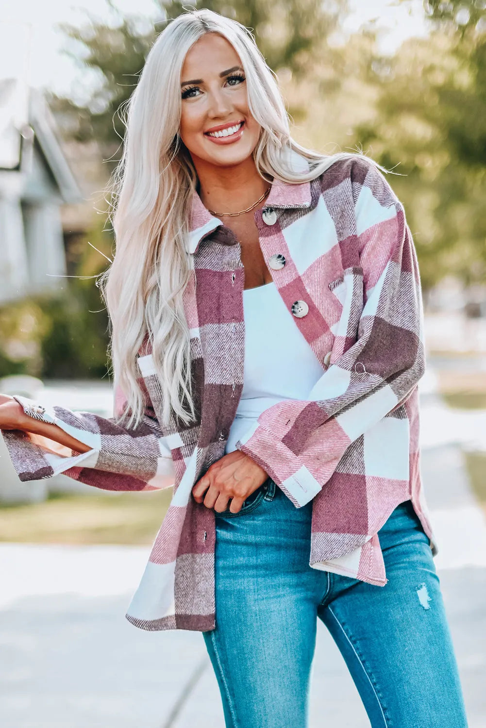 Plaid Color Block Buttoned Long Sleeve Jacket with Pocket - Chic Meadow Boutique 