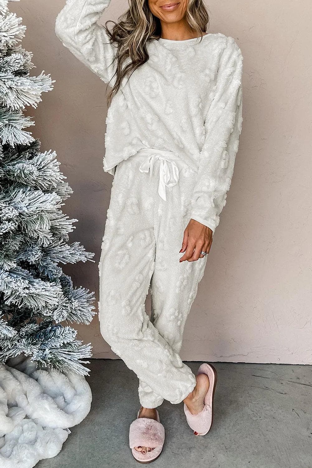 Loungewear & Sleepwear/Loungewear Light Grey / S / 100%Polyester Light Grey Leopard Textured Loose Fit Fleece Lounge Set