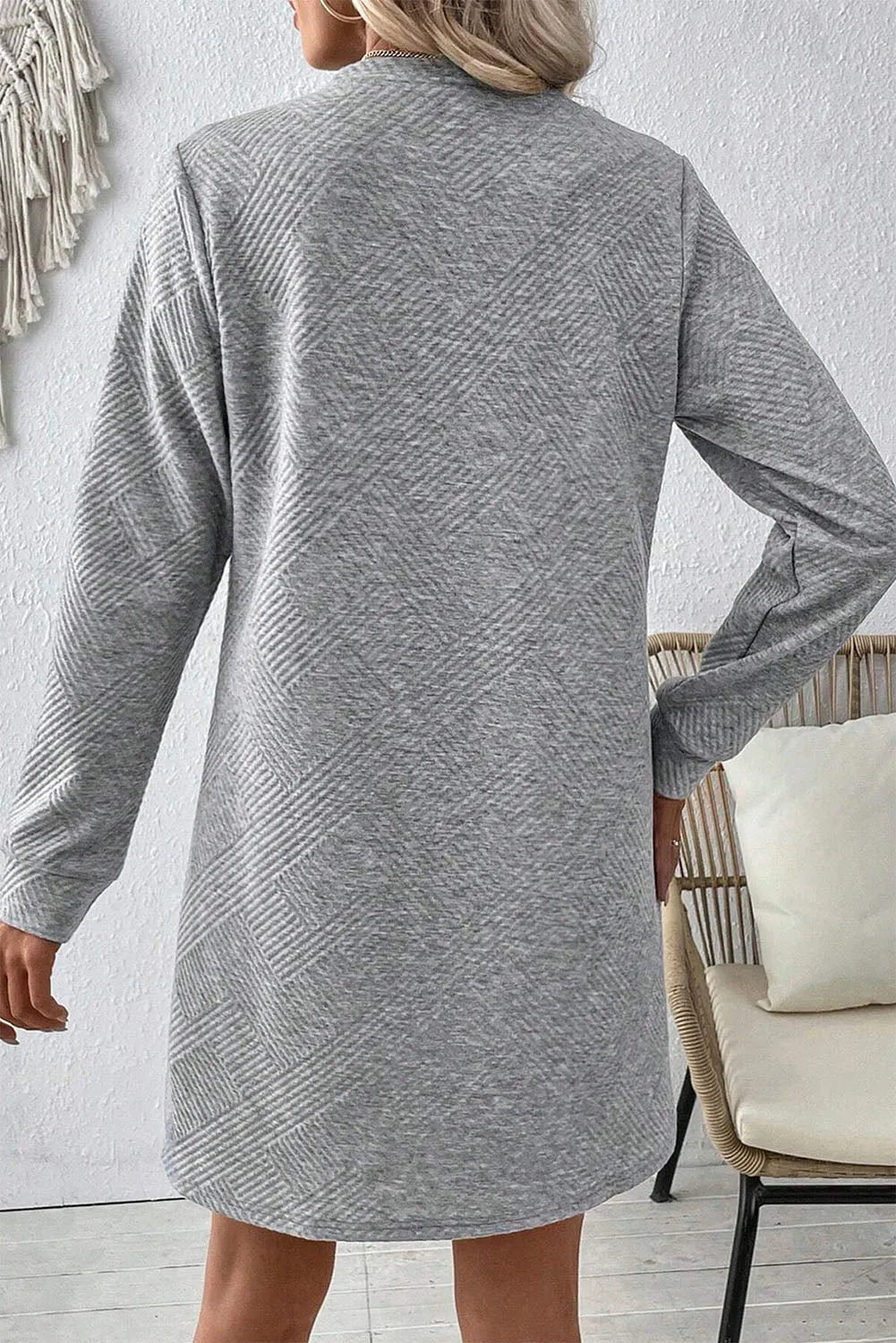 Gray Solid Color Textured Long Sleeve Shift Dress - Chic Meadow Boutique 