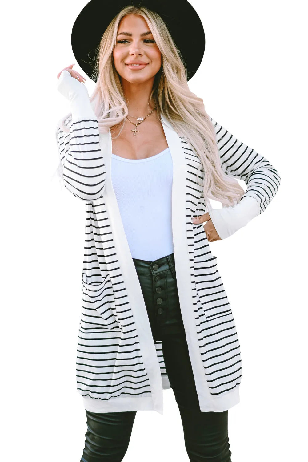 White Striped Side Pockets Open Front Cardigan - Chic Meadow Boutique 