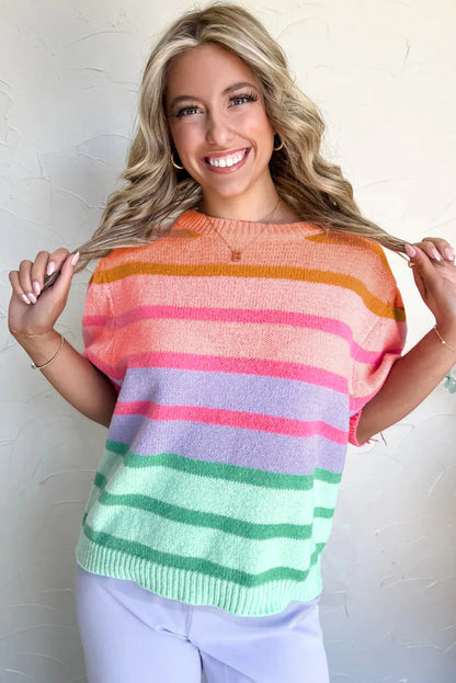 Rose Red Colorful Stripe Bubble Short Sleeve Sweater - Chic Meadow Boutique 