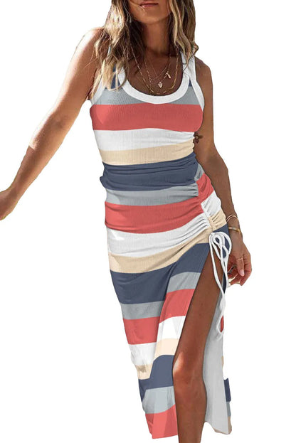 Multicolor Striped Color Block Ribbed Knit Lace-up Slit Tank Dress - Chic Meadow Boutique 