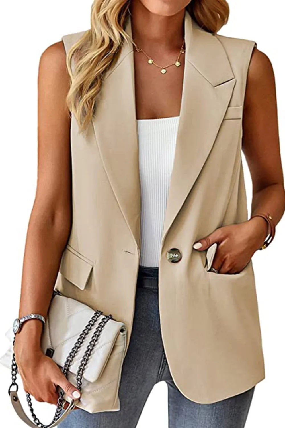 Apricot Single Button Pocketed Lapel Vest Blazer - Chic Meadow Boutique 