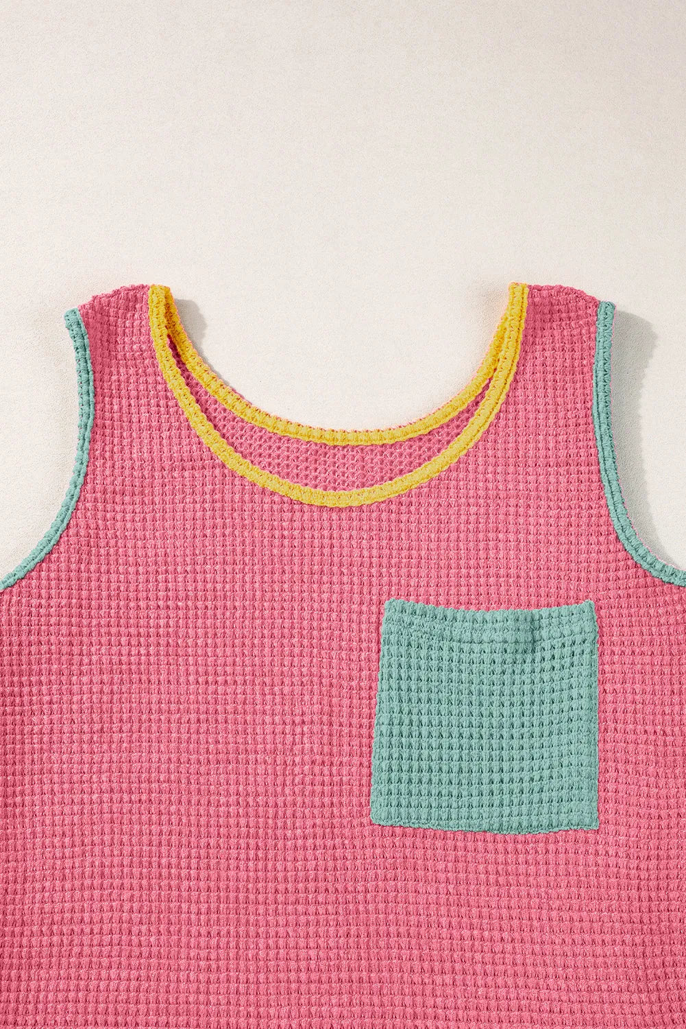 Strawberry Pink Color Block Patched Pocket Breathable Knit Tank Top - Chic Meadow Boutique 