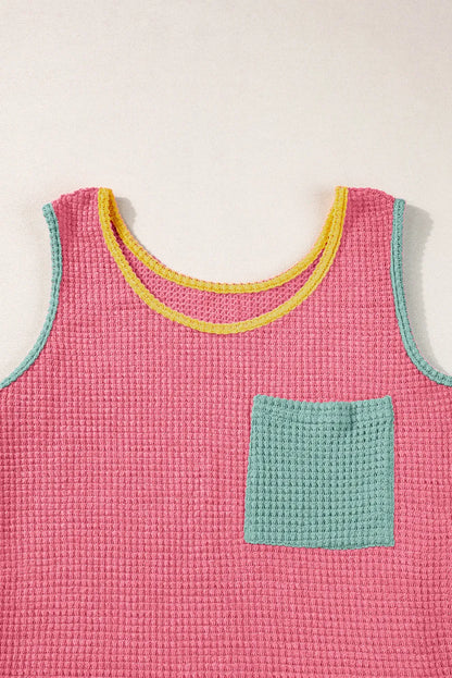 Strawberry Pink Color Block Patched Pocket Breathable Knit Tank Top - Chic Meadow Boutique 