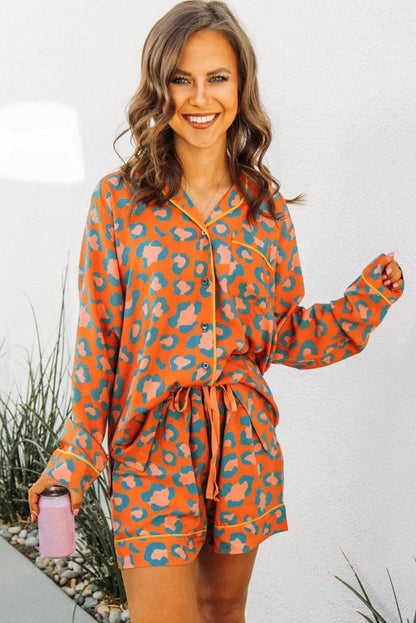 Loungewear & Sleepwear/Sleepwear Orange Leopard Print Long Sleeve Shirt and Shorts Pajama Set