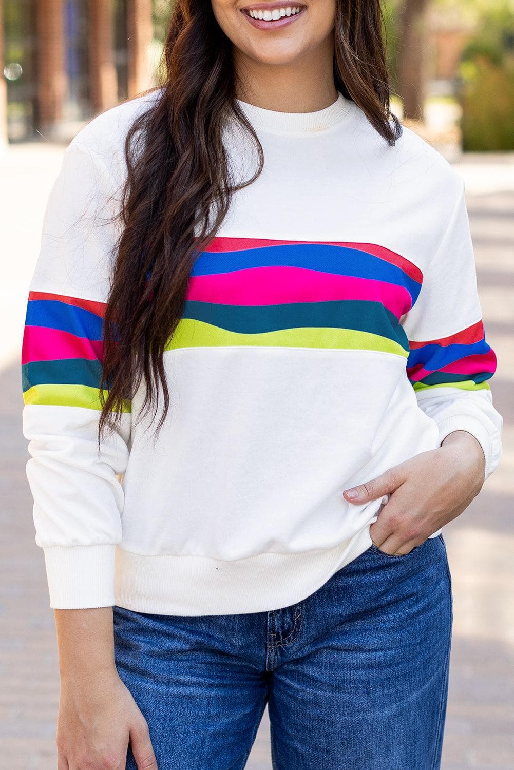 Tops/Long Sleeve Tops White Colorful Striped Accent Long Sleeve T Shirt