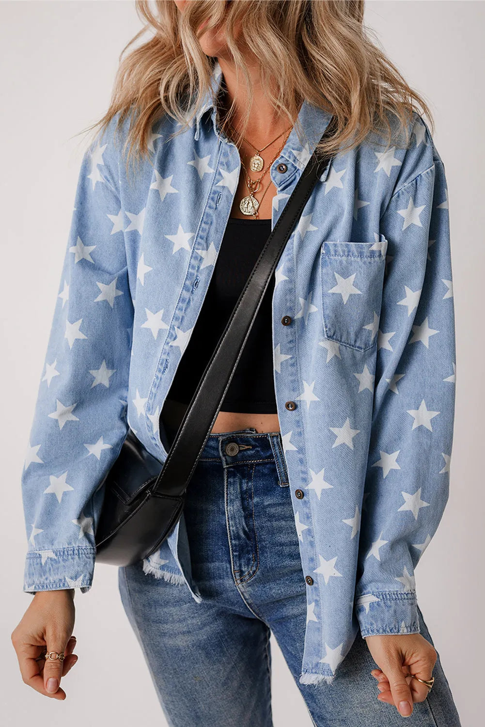 Sky Blue Star Print Light Wash Raw Hem Denim Jacket - Chic Meadow Boutique 